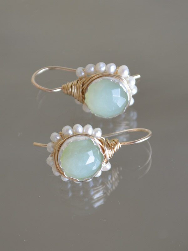 earrings Flower jade and pearls